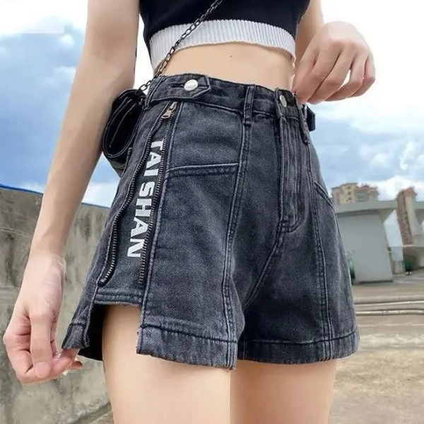 Y2K Harajuku Wide Mini Denim Shorts – Elastic Punk Print Jean Shorts for Women, Black / 2XL