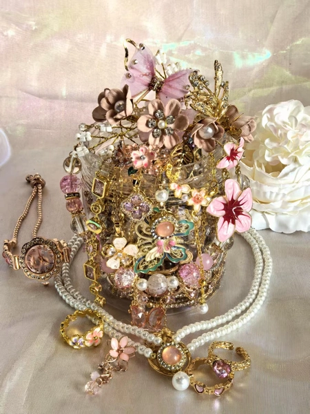 Vintage Pink Mystery Jewelry Jar: Curated Necklace Earrings Ring Bracelet Gift For Her