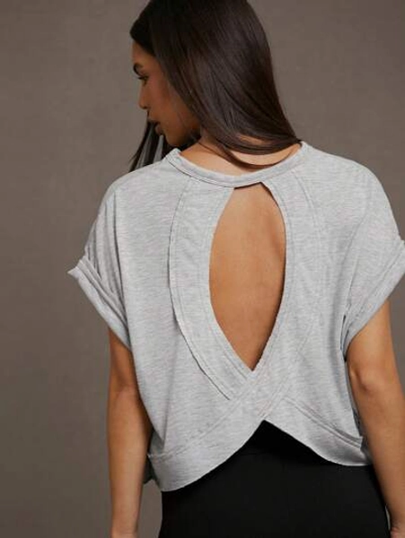 SHEIN Essnce Women's Solid Color Round Neck Hollow Out Short Front Long Back Summer T-Shirt