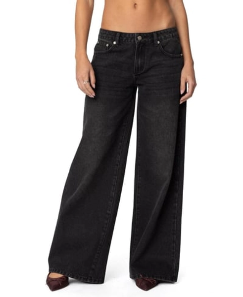 Edikted Womens Vyxen Vintage Washed Low Rise Jeans - Black washed
