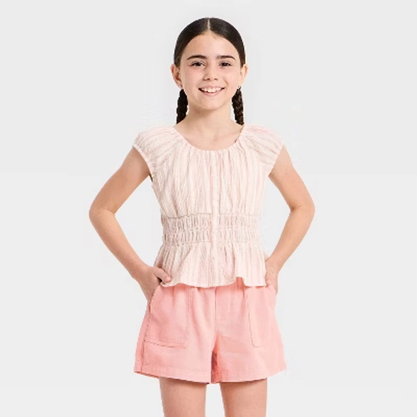 Girls' Short Sleeve Smocked Waist Striped Top - Cat & Jack™ Cream S