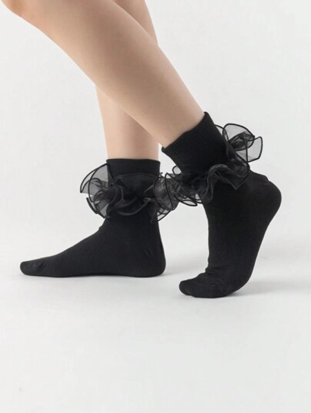 ROMWE Goth Ladies' Solid Color Lace Trim Mid-Calf Socks, Suitable For Everyday Wear - Size one-size