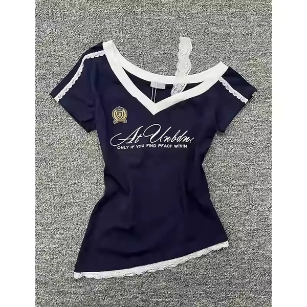 Millennium style Gothic Hot Girl Waist Splicing Lace Strap Short Sleeve T-shirt for Women 2025 New Summer navy blue slim fit top - AliExpress 200000345