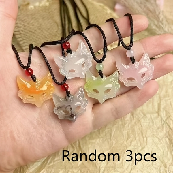 Set of 3 Random Cute Resin Fox Mask Necklaces with Traditional Woven Cords, Protective Pendants Suitable for Couples of All Genders, Traditional Couple Additions