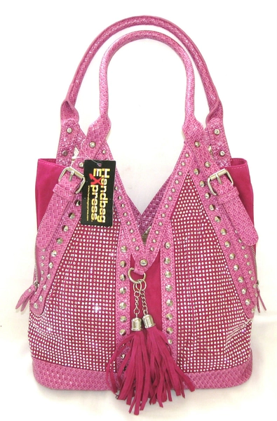 NEW HANDBAG EXPRESS FUCHSIA WOVEN LEATHERETTE SILVER CRYSTAL STUD PURSE,HAND BAG