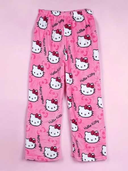 Sanrio Sanrio Women's Hello Kitty Fleece Allover Print Warm Fluffy Pajama Pants, Versatile Sweet Fuchsia Loungewear Trousers With Cute Cartoon Print Soft Skin-Friendly Feel, Suitable For All Occasions, Essential Gift For Couples, Best Friends, Birthdays, Holidays, Fall Winter