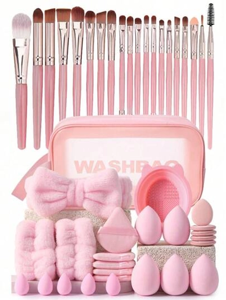 45pcs Makeup Brush Set, Mixed Makeup Beauty Tools, Including: 20pcs Makeup Brushes, 1pc Makeup Bag, 5pcs Beauty Eggs, 5pcs Powder Puffs, 5pcs Mini Beauty Eggs, 5pcs Mini Finger Powder Puffs, 1pc Headband, 2pcs Wristbands, 1pc Cleaning Tool, Basic Makeup Brushes, Quick Makeup, Suitable For Beginners And Professional Makeup Artists