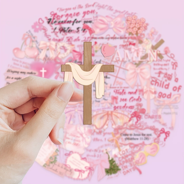 50pcs Pink Bow Bible Stickers - Transparent PET Self-Adhesive Religious Decals with Cross, Hearts, Angels, Flowers - for Phone Cases, Laptops, Helmets, Journals, Journal Decoration, Decorative Stickers, Durable Adhesive, Faithbased Decor