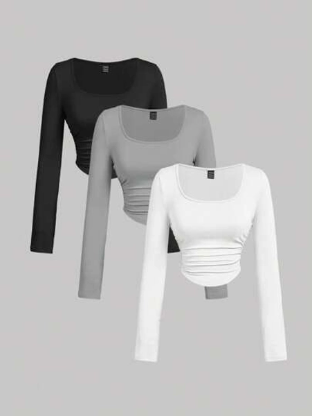 SHEIN MOD Multicolor Women Casual Versatile Solid Color Ruched T-Shirt