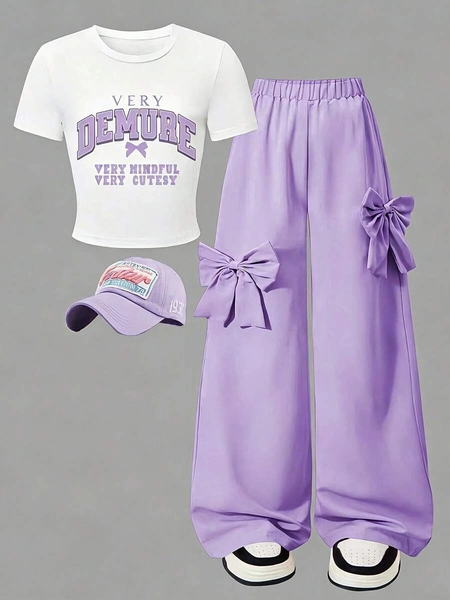 1 Set Sweet Casual 2-Piece Girls Outfit, Including Simple Letter & Bow Decor Short Sleeve Top And Light Purple Bow Wide Leg Pants, Suitable For Vacation, Valentine's Day, Spring, Autumn, Summer, Party, School And Daily Wear