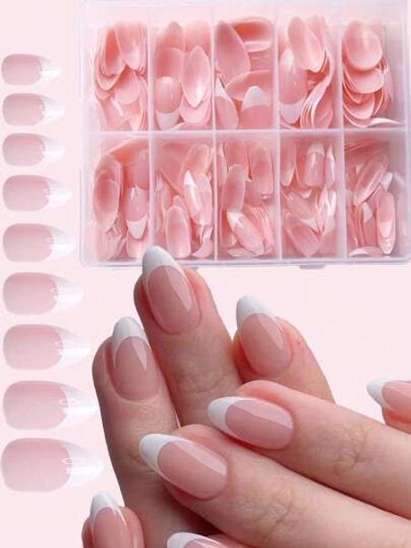 360 Pieces 12 Sizes Push-On Long Tip Nails French Nude Pink Artificial Full Coverage Glossy False Nails Press On Nails Nail Supplies
