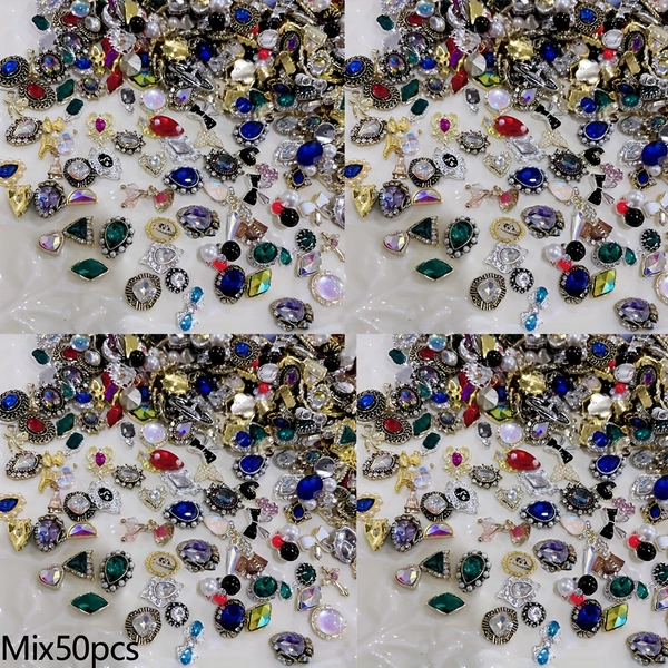 Mixed 50pcs 2025 Gifts Vintage Luxury Golden And Silvery Mixed Nail Jewelry Nail Diamond 3D Alloy Nail Art Decorations for Nail Art Supplies Suitable for Multi-Function Additions Decorate Nails Shoes Clothes Bags Crafts Mobile Phone Cases