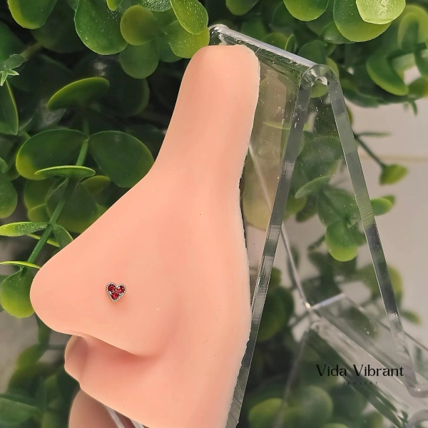 Be My Valentine Heart Nose Stud . 316L Surgical Steel. Heart with Red Stones. 20G. Waterproof. Tarnish-Free. Valentines Jewelry.