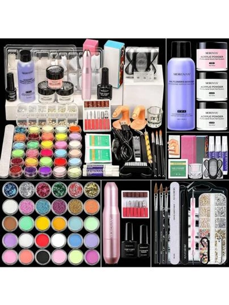 Morovan Morovan Acrylic Nail Kit With Drill Professional Nails Kit Acrylic Set With 3 Colors Acrylic Powder And Liquid Set Glitter Acrylic Powder Valentines Gift