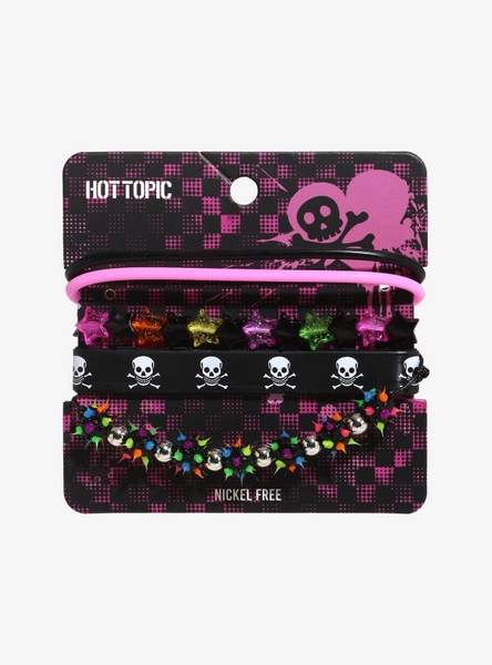 Multicolored Spike Ball Skull Star Bracelet Set