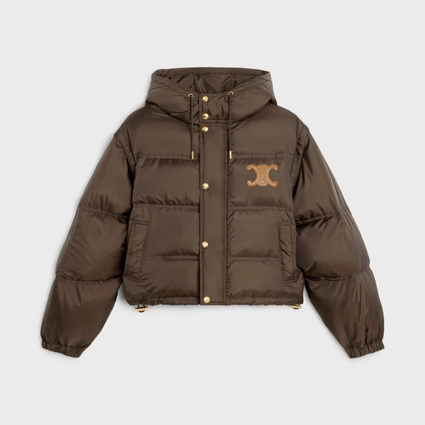TRIOMPHE CROPPED DOWN JACKET IN LIGHTWEIGHT NYLON - CHOCOLATE | CELINE