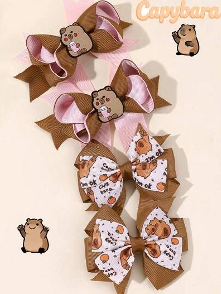 4pcs Capybara Bow Hair Clips, Cute Animal Print Brown & Pink Polyester Fiber Hair Accessories, Suitable For Teenagers Daily Autumn Outfit, Cute Hair Accessories