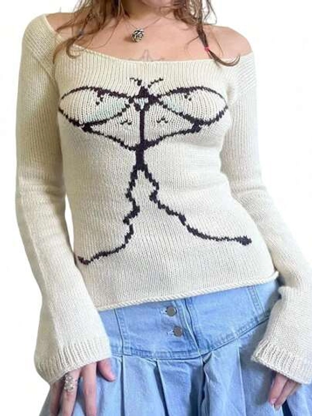WomenY2k Off The Shoulder Sweater Slim Fit Graphic Print Long Sleeve Knit Crop Tops Fairy Grunge Vintage Pullover Streetwear E-Girls Aesthetic Clothes