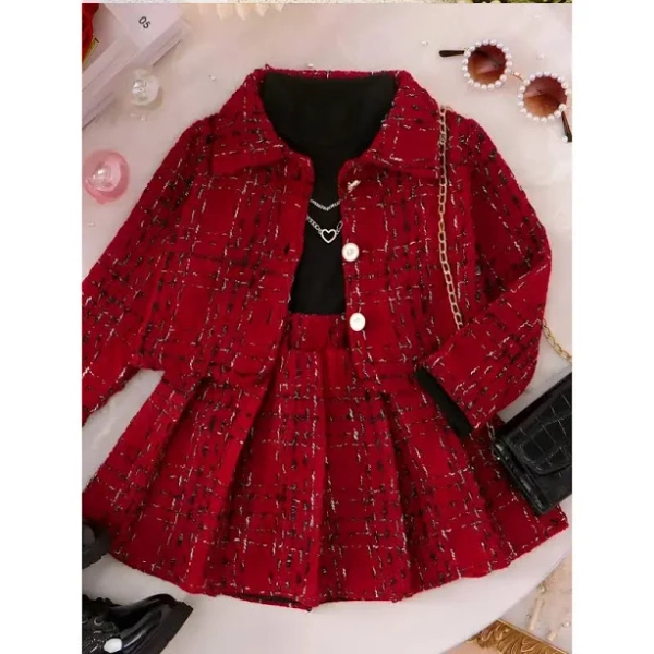2025 New Sweet Three-Piece Set Girls Long Sleeve Camisole Vest Jacket Mini Skirt Elegant Sweet Suitable Outdoors1011