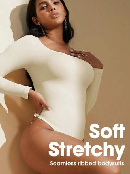 1pc Women Seamless Long Sleeve Square Neck Tummy Control Bodysuit With Thong Back Flat Belly Sheath Slimming Jumpsuit Shapewear Waist Trainer Shaper 