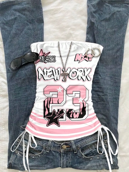 Women's casual drawstring New York letter and number 23 printed knotted tight tie top, street style Y2K, back to school spring s - AliExpress 200000345