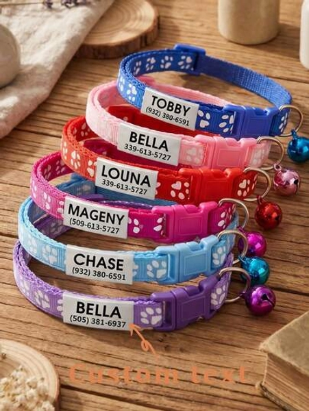 Personalized Paw Print Pattern Cat Collar, Nylon Material, Customizable With Pet Name, Contact Info, Address, Engraved Stainless Steel Anti-Lost Pet Tag, For Small And Medium Cats, Ornamental, Vintage, Cute, Cuties, Pet Lovers, Christmas Gift - Size Yellow
