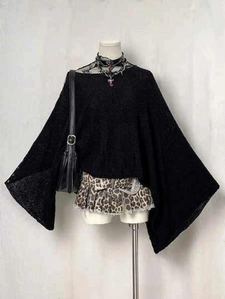 EgrlEra Y2K Lace-Up Knitted Cape, Translucent Women's Knitted Top