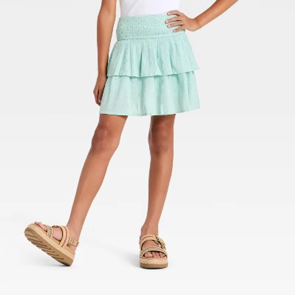 Girls' Smocked Waist Tiered Woven Skort - Cat & Jack™ Dusty Mint S
