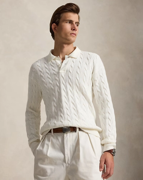 Relaxed Cable Cotton Polo-Collar Jumper