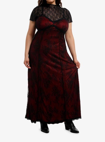 Social Collision Black & Red Lace Twofer Short-Sleeve Maxi Dress Plus Size