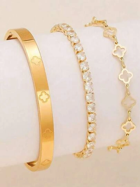 New Luxury Sparkling Four-Leaf Clover Zirconia Bracelet & Bangle Set, Suitable For Daily Wear And Gift Giving