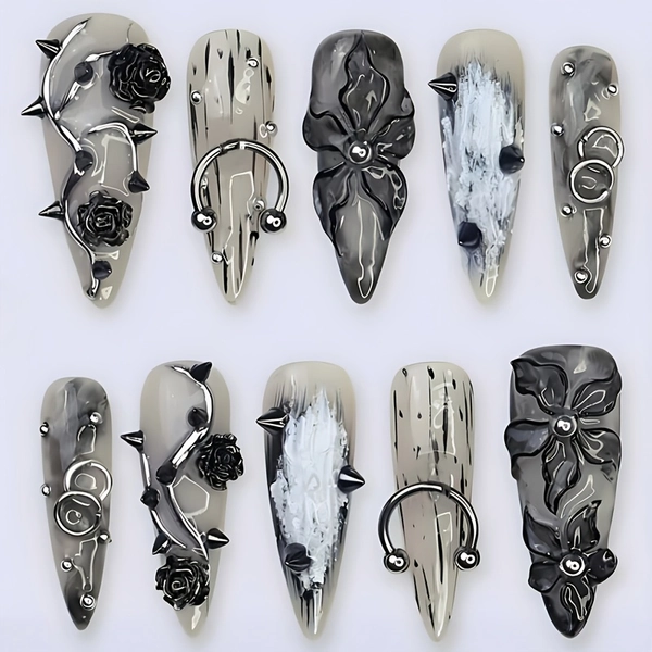24pcs Long Stiletto Press On Nails | XXL/XXXL Goth Black Nails Tips with Black Rose 3D Line Art Design, Punk Style, Glossy Full Cover for Women, Machine-produced Artificial Nails