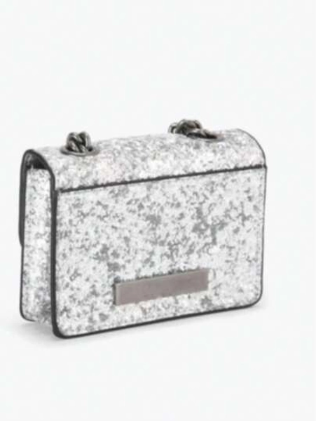 Mini Shiny Silver Quilted Crossbody Bag,  Quilted V-Shaped Embroidery Thread, One-Shoulder, Chunky Chain Strap Sparkle Purse For Evening & Party Looks