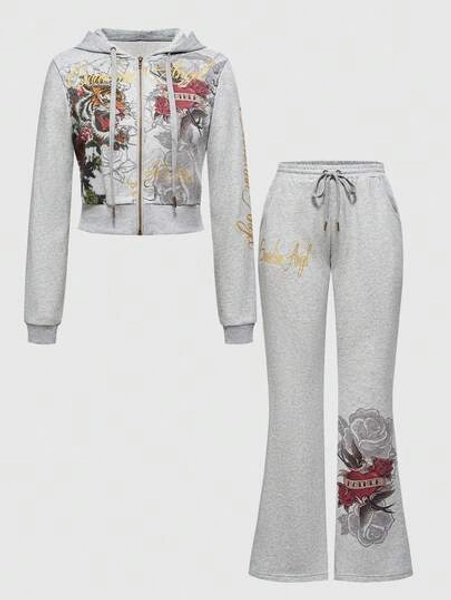 ROMWE Grunge Punk Y2K Vintage Tiger Head & Rose Floral Print Golden Hot-Pressed Zip-Up Hoodie And Pants 2 Pieces Set