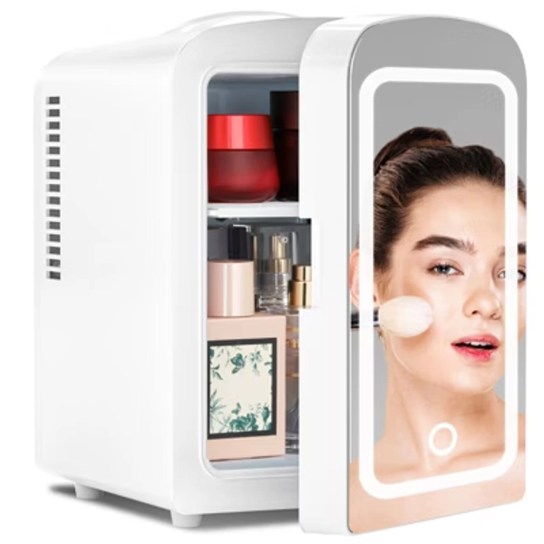 Makeup Compact Refrigerator with Mirror, Skin Care, for Bedroom, Car, Office & Dorm, Portable Small Cooler for Cosmetics, White