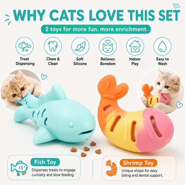 2pcs Slow Feeder Cat Treat Dispenser Toys Suitable for Indoor Dental Cleaning, Fish And Shrimp Shaped Chew Toys with Slow Feeder System, Interactive Slow Feeder for Cats for Slow Eating And Teeth Cleaning, Treat Dispensers for Kittens