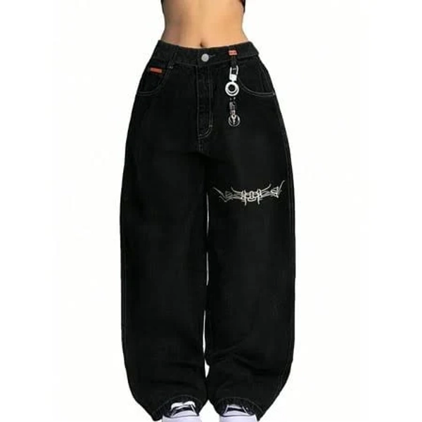 Emmiol Women's Hip Hop Baggy Jeans Halloween Costumes Wide Leg Mid-Low Waist Jeans Loose Boyfriends Pants 90s Vintage Denim Pants, Size: Medium, Black
