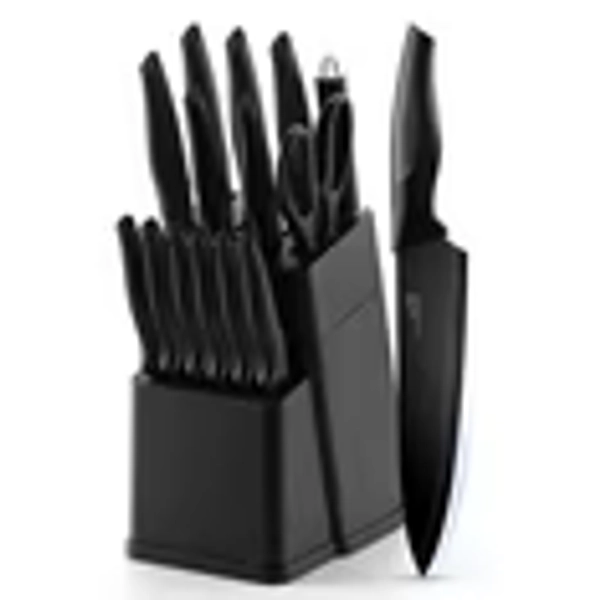 Vesteel Knife Set for Kitchen with Block, 15 Pcs High Carbon Stainless Steel Kitchen Knife Set with Self Sharpening - Black