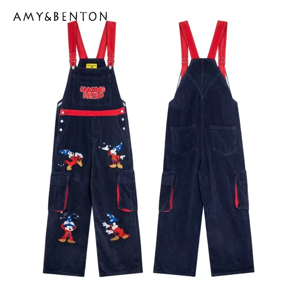 American Retro Cartoon Embroidered Washed Denim Overalls Men's And Women's Contrasting Colors Personalized Suspender Jumpsuit - AliExpress 200000345