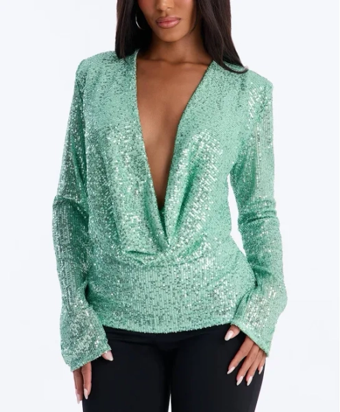 Fashion Nova Embellished Long Sleeve Sequin Cowl Neck Blouse