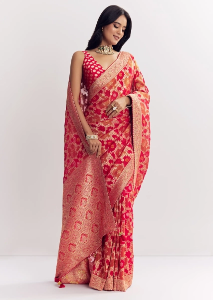Red Shaded Dola Silk Saree With Zari Jaal Work