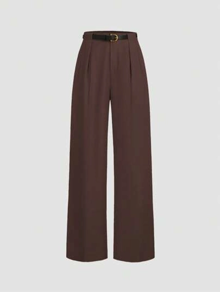 Pantalon droit de taille mi-haute de couleur unie élégant avec ceinture