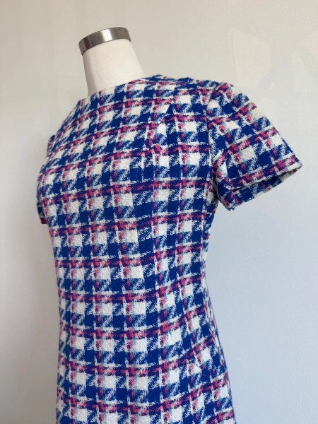 Vintage 60s Mod Bold Blue Wool Hounstooth Winter Dress; 70s Funky Plaid Mini Shift Dress with Quarter Short Sleeves; 60s Spring Mini Dress