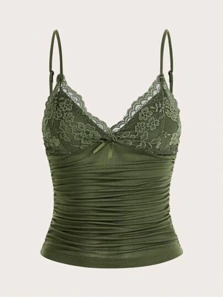 SHEIN ICON Contrast Lace Bow Front Y2k Cami Top