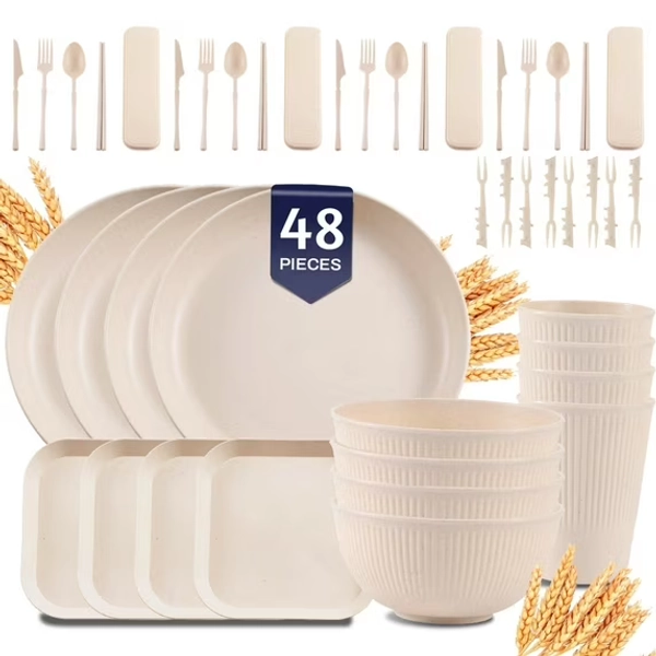 Soulgenix Wheat Straw Dinnerware Sets, 48 Pcs Unbreakable Dinnerware Sets for 4, Microwave Dishwasher Safe, Beige