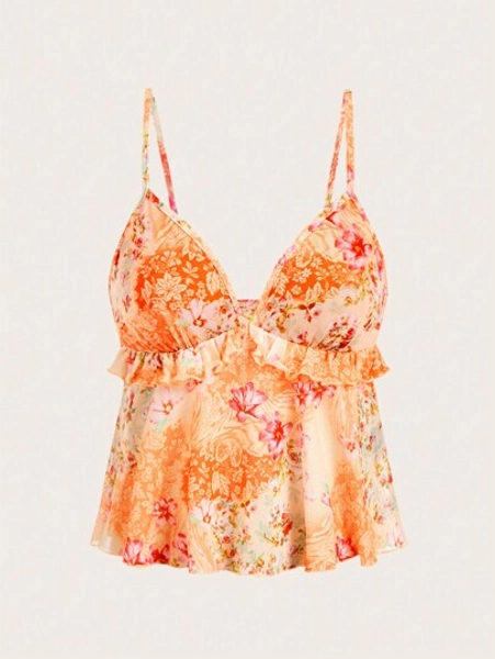 Sweetina Women's Floral Print Ruffle Trim Camisole With Mesh