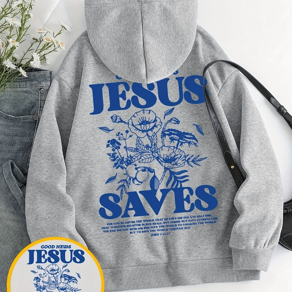 Women'S Jesus and Flowers Hooded Sweatshirt - Casual Drawstring Pullover with "Jesus Saves" Print, Beige, Fall/Winter Fashion, Long Sleeve, Front Pocket, Warm & Comfortable, Casual Wear Hoodie | Floral Print Hoodie | Texture
