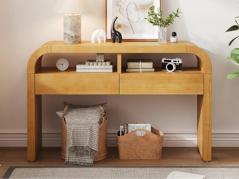 Tavolo consolle 120x35,5x76,5cm - con 2 cassetti - Angoli arrotondati - ripiani aperti - MDF - Naturale