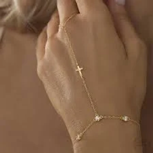 925 Sterling Silver Cross Diamond Hand Chain, Creative Finger Ring Connected Bracelet, European Fashion Hand Jewelry, Gift for Her