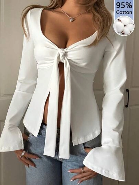 CovetEZ Women's Cotton Bow Knot Front Romantic Elegant Comfortable Versatile Long Sleeve T-Shirt, Suitable For Matching, Outings, Vacations, Travels, Chic